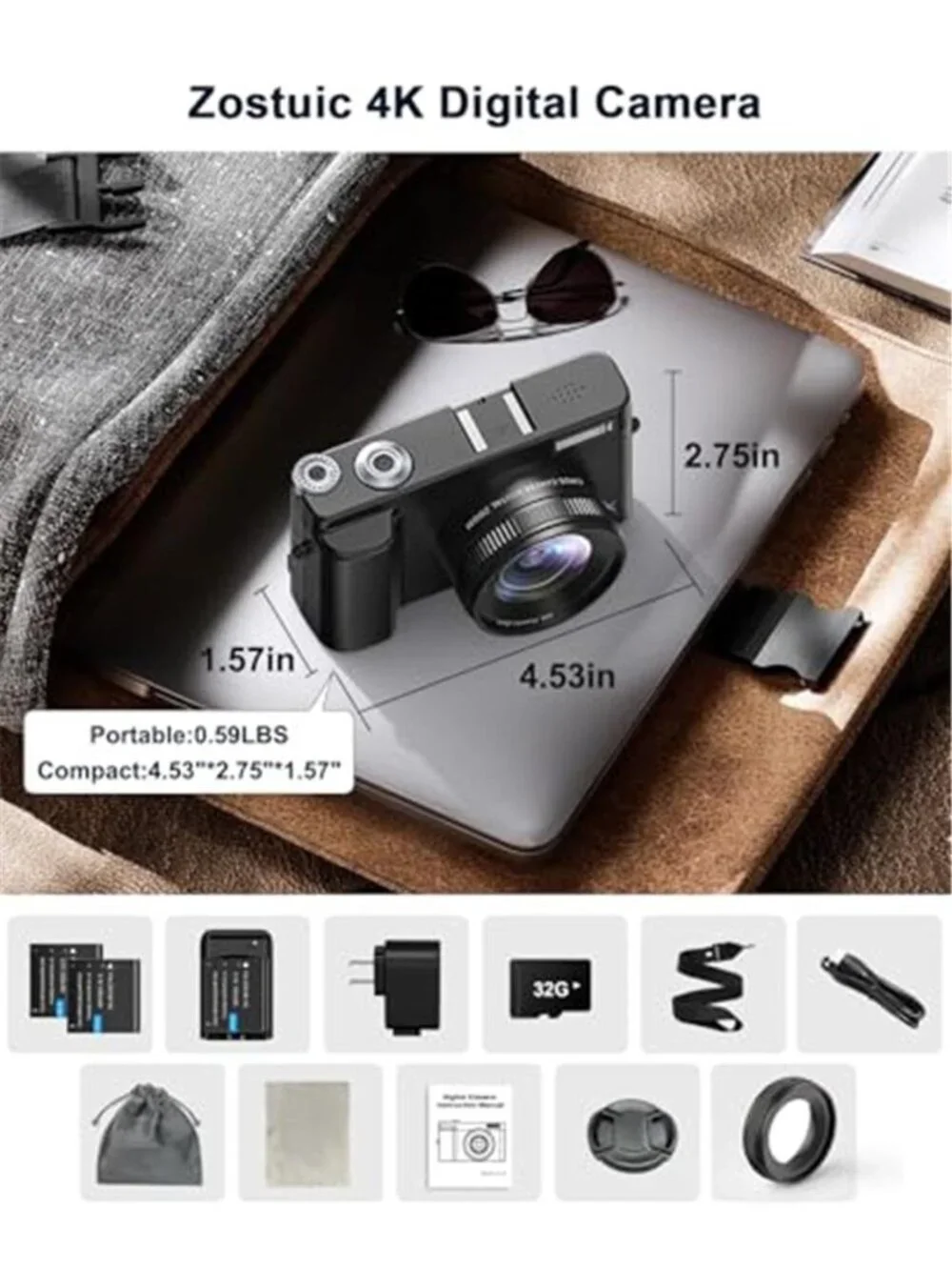 4K Digital Camera for Beginners & Teens, with Flip Screen, 32G Card
